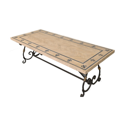 Wooden Inlay Table Top with Wrought Iron Base