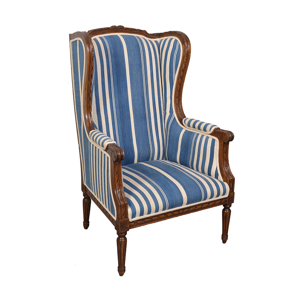 Winged Arm Chair with Blue White Upholstry