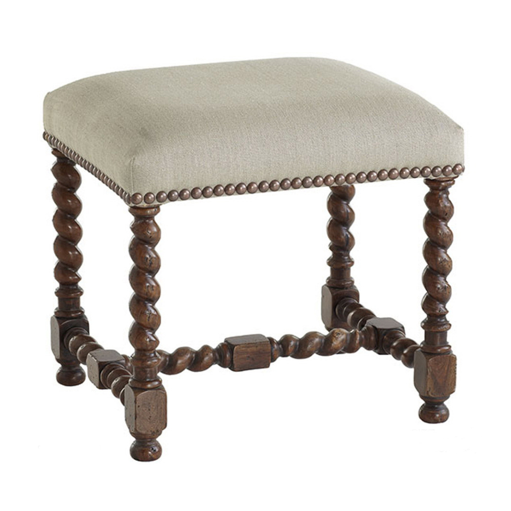 Linen Upholstered Stool with Twisted Leg & Brass Button Detail