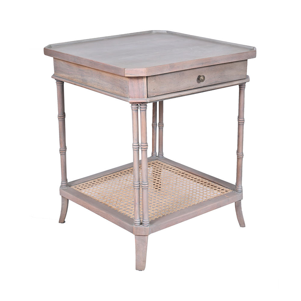 Sleek Acacia Corner Table with Drawer & Rattan Detail