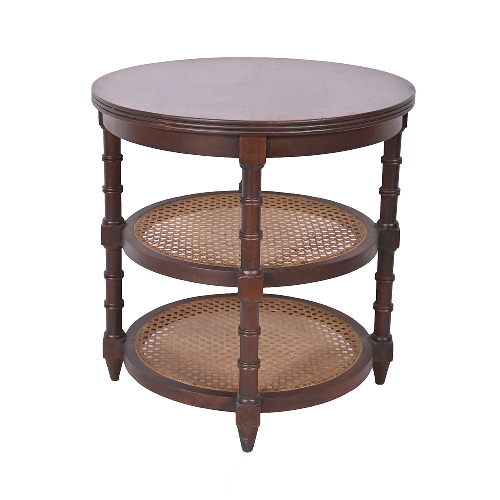 Round Side Table with Hard Top and 2 Tiered Rattan Detail