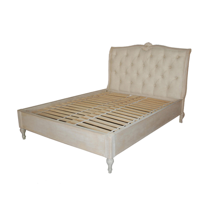 French Wooden Bed with Tufting with Grey Distressed Finish
