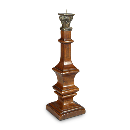 Wooden Candle Stand with Cornice Detail in Metal